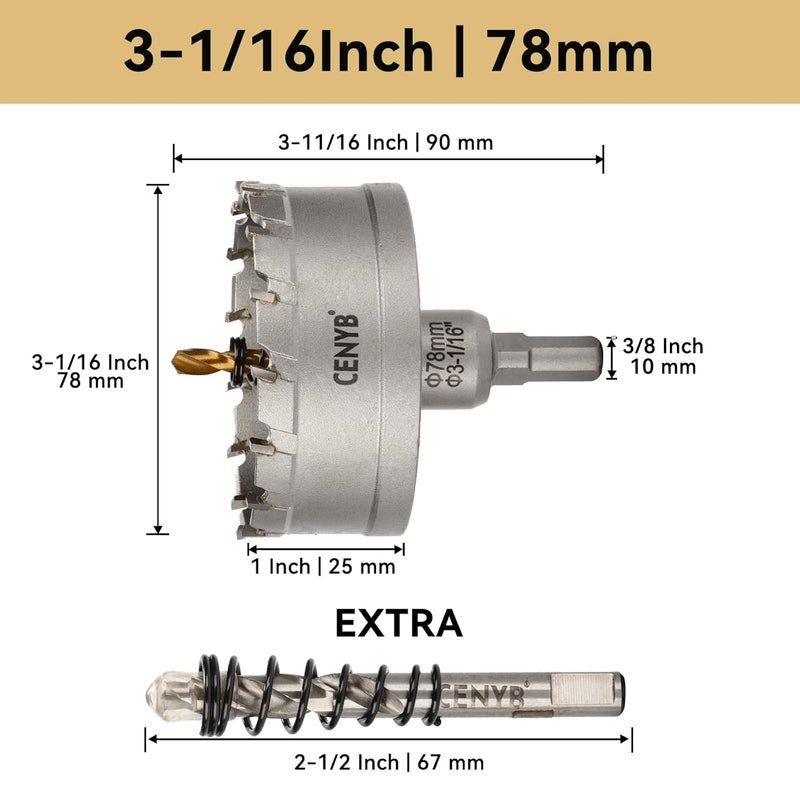 cenyb 3-1/16" (78mm) Tungsten Carbide Tipped Hole Saw with 2Pcs Titanium-Plated Pilot Drill Bits for Hard Metal,Stainless Steel,Iron,Aluminum Alloy,Wood and Plastic - Image 2